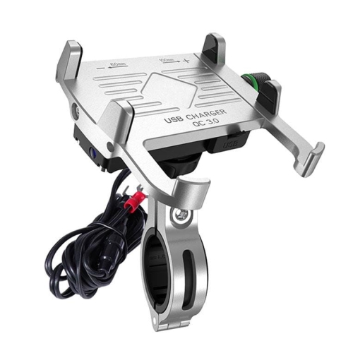 TKN UCHWYT MOTOCYKLOWY METAL USB QC SREBRNY R10 